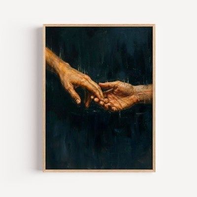 Deux mains se rejoignent dans une peinture sombre en clair-obscur